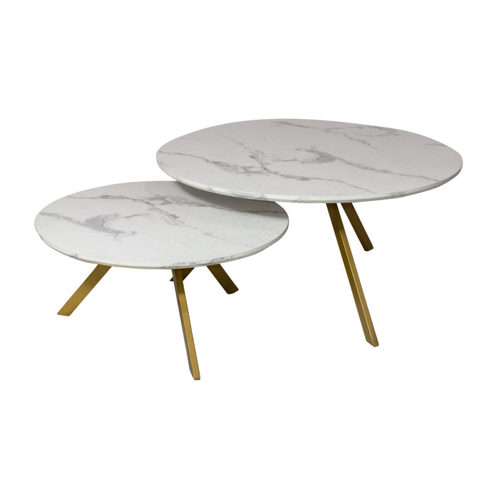Set de 2 tables basses Hoxton effet marbre blanc et ses pieds en métal doré mat H 30 et 40 cm