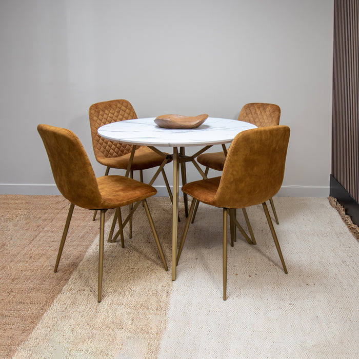 Table à manger Hoxton avec plateau effet marbre blanc et pieds métal doré mat D 100 x H 76 cm