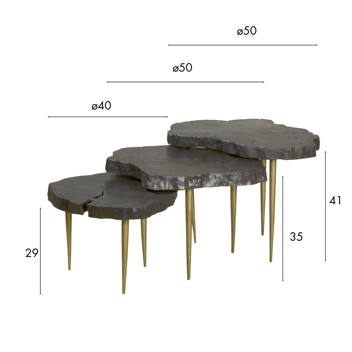Set de 3 tables gigognes Litchi en bois brûlé de litchi D 50 cm. 50 cm et 40 cm