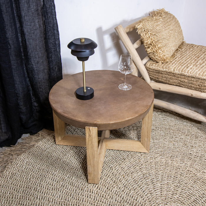 Table d'appoint Bangor en cuir avec pied en chêne massif H 40 cm