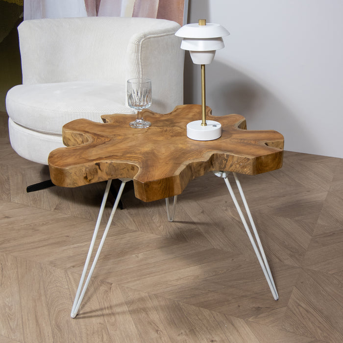 Table d'appoint Kuta en teck et pieds en aluminium blanc H 46 cm