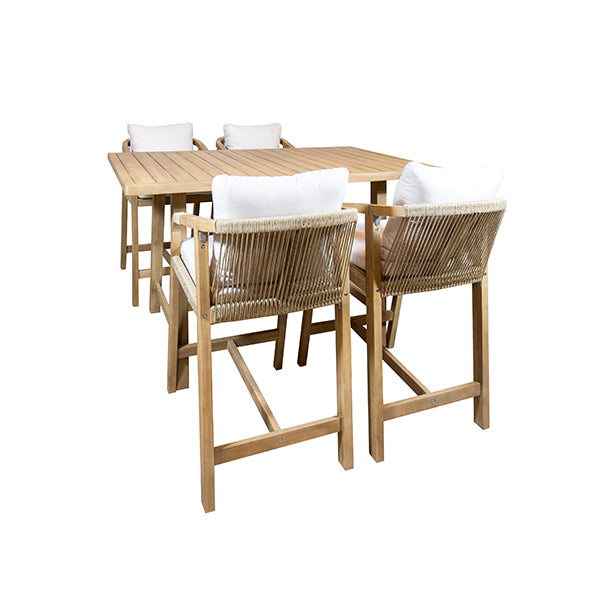 Table haute Saona en bois d'acacia avec quatre fauteuils cordés