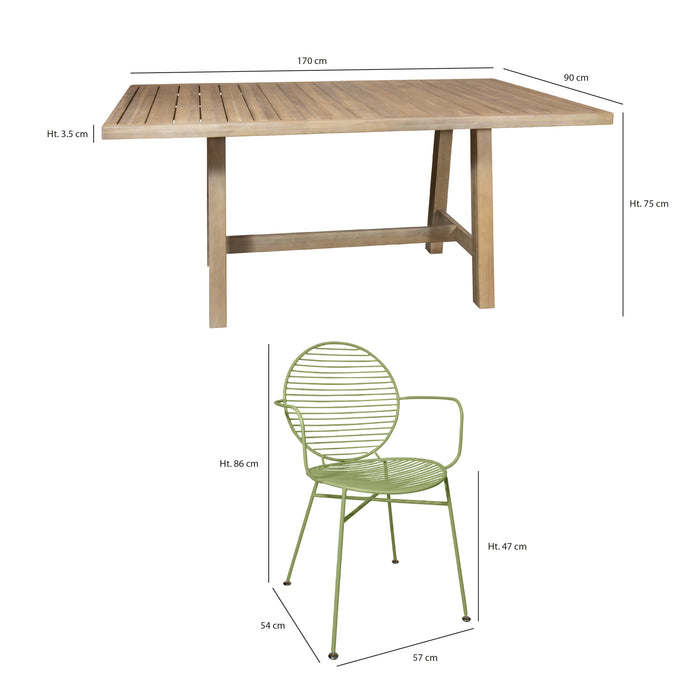 Table de jardin Saomad en bois d'acacia et 6 fauteuils en métal filaire