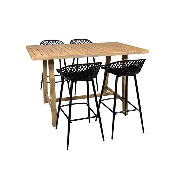 Table haute Saobrad en bois d'acacia et quatre tabourets en polypropylène noir