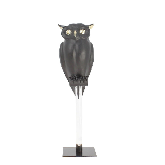 Hibou Owly Bowly sur pied noir mat et doré H 41 cm
