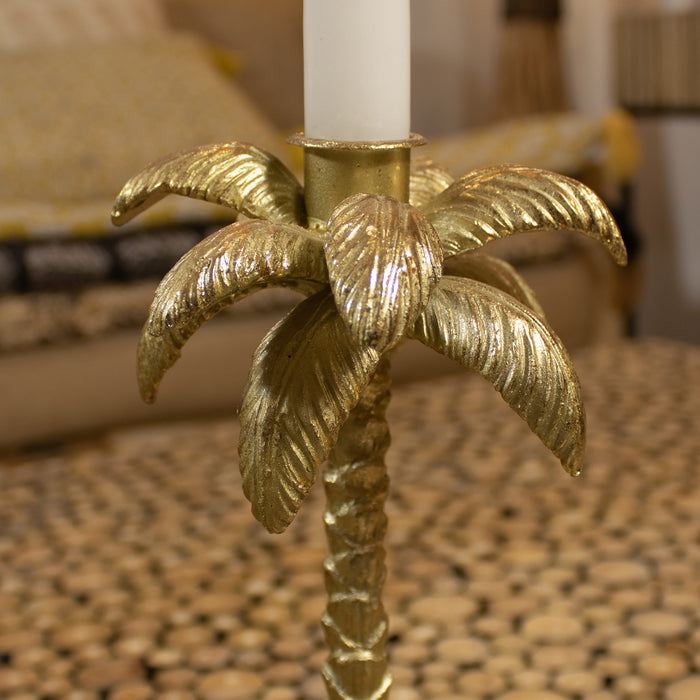 Porte-bougie palmier doré sur base en bois noir H 24 cm